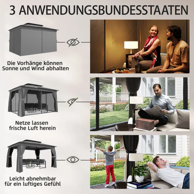 Outsunny Pavillon 3,8x3m Wasserabweisend Stabil Winterfest Gartenpavillon mit Doppeldach Vorhänge Moskitonetz Haken Dunkelgrau