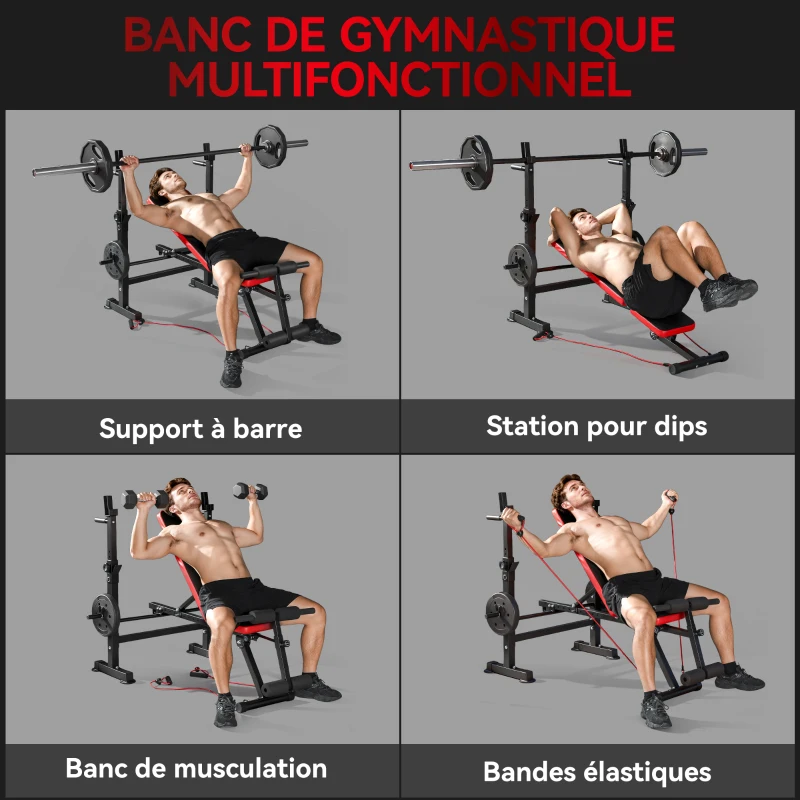 SPORTNOW Banc de musculation complet multifonction avec dossier réglable, repose-jambes et support de poids 147x109x122cm noir