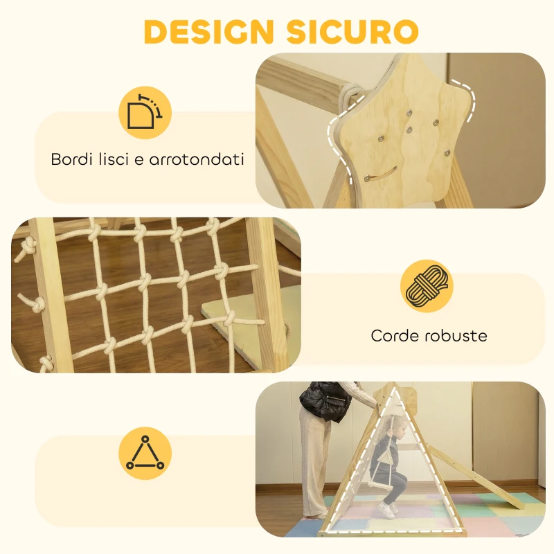 AIYAPLAY Gioco Arrampicata 5 in 1 Pieghevole con Scivolo, 2 Pareti, Altalena e Canestro, in Legno, 140x172.5x116.5 cm