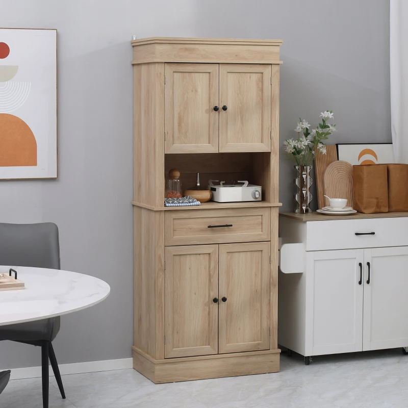 HOMCOM Armoire de cuisine buffet cuisine vaisselier meuble de rangement style moderne avec placards, étagères réglables, tiroir, et niche, pour salle à manger, salon, 74 x 39,5 x 183 cm, chêne clair