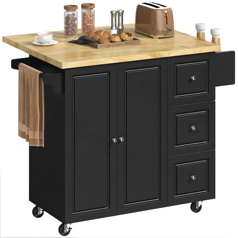 HOMCOM Kitchen Island on Wheels, Rolling Kitchen Storage Trolley with Drop Leaf, Drawers, Towel and Spice Rack, Black