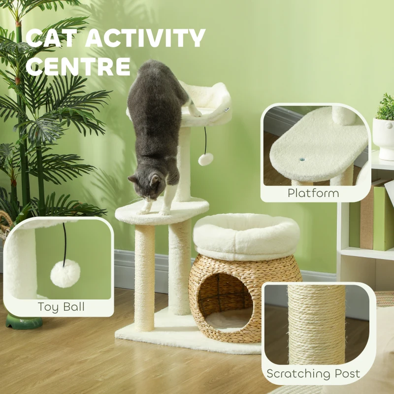 PawHut 79cm Cat Tree, Cat Tower for Indoor Cats with Sisal Scratching Posts, Cat Condo, Cat Beds, Platform, Toy Ball, Cat Activity Centre, Cream White