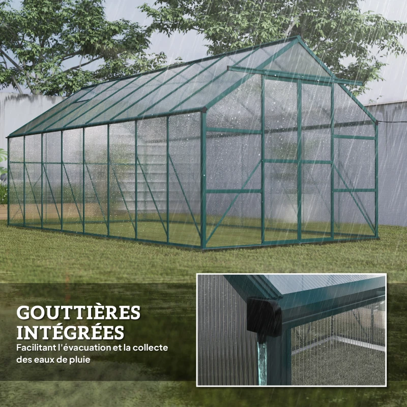 Outsunny Serre de jardin en aluminium polycarbonate avec fondation, serre avec fenêtre réglable porte coulissante 244x500x216cm