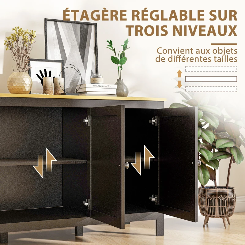 HOMCOM Buffet meuble de rangement avec 3 portes 2 étagères réglables plateau aspect bois clair 120 x 40 x 70 cm noir