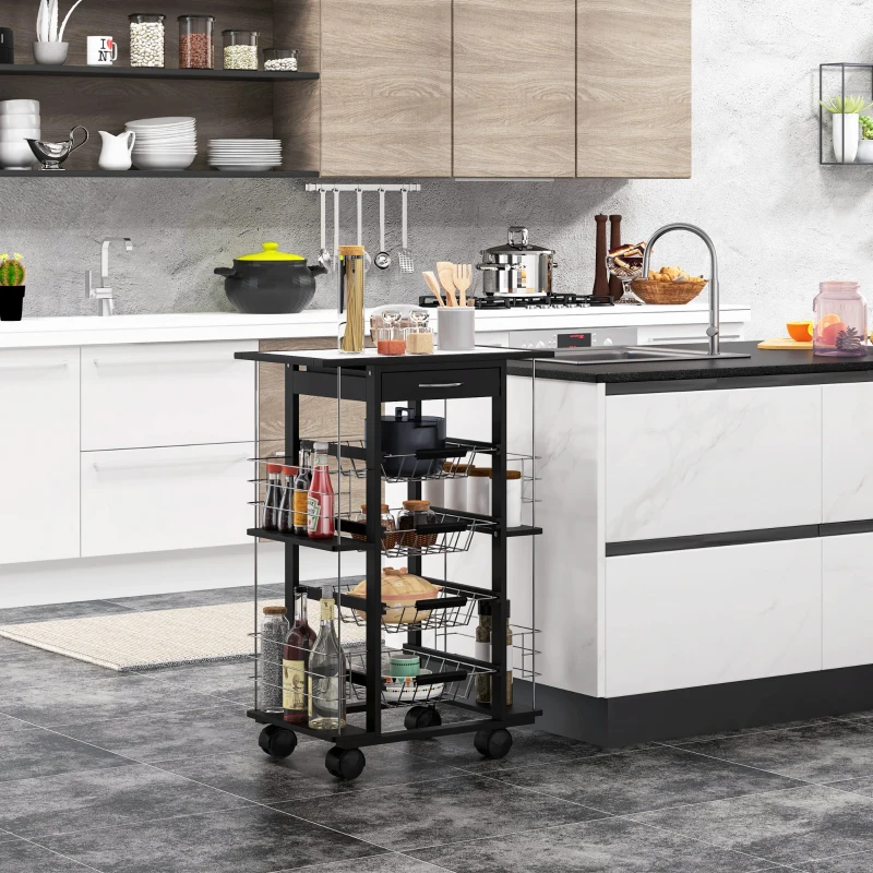 HOMCOM Chariot de service desserte de cuisine à roulettes multi-rangements 4 paniers métal tiroir + 4 range-bouteilles bois pin noir plateau carrelé blanc