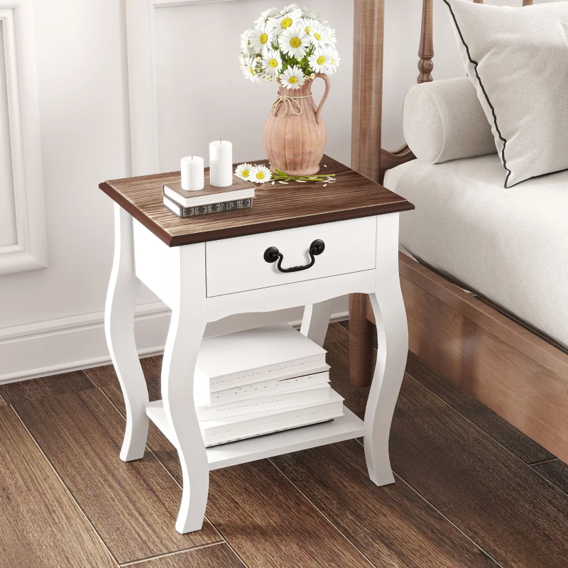 HOMCOM Comodino con Cassetto e Ripiano Aperto in Stile Francese in Legno, 45x35x55 cm, Bianco e Rovere