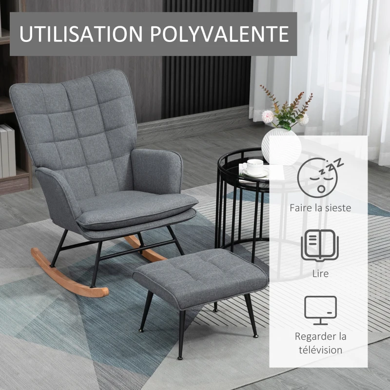 HOMCOM Fauteuil à bascule avec repose-pieds, rocking chair, assise large, dossier haut, coussin inclus, 64 x 89 x 90 cm, gris