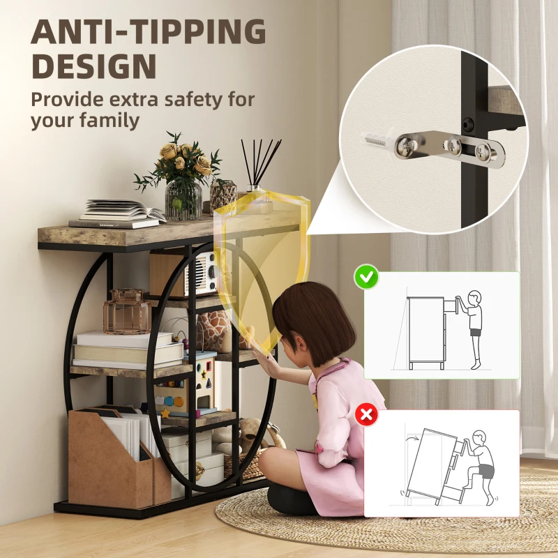 HOMCOM Industrial Console Table with Storage Shelves - Rustic Brown