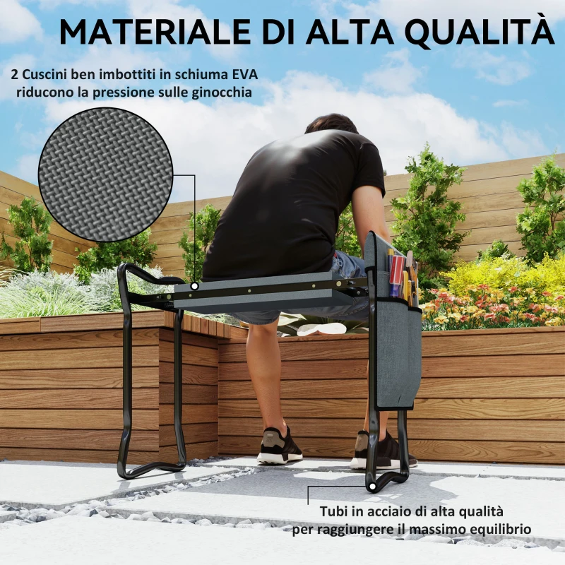 Outsunny Sedia Inginocchiatoio 2 in 1 in Acciaio con Borsa Portaoggetti e Cuscino in EVA, 58x28x49 cm, Grigio e Nero