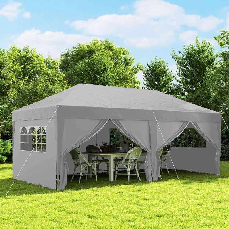 Outsunny Tonnelle de jardin exterieur tonnelle pliante 3 x 6 m avec 6 parois latérales, sac de transport inclus, gris