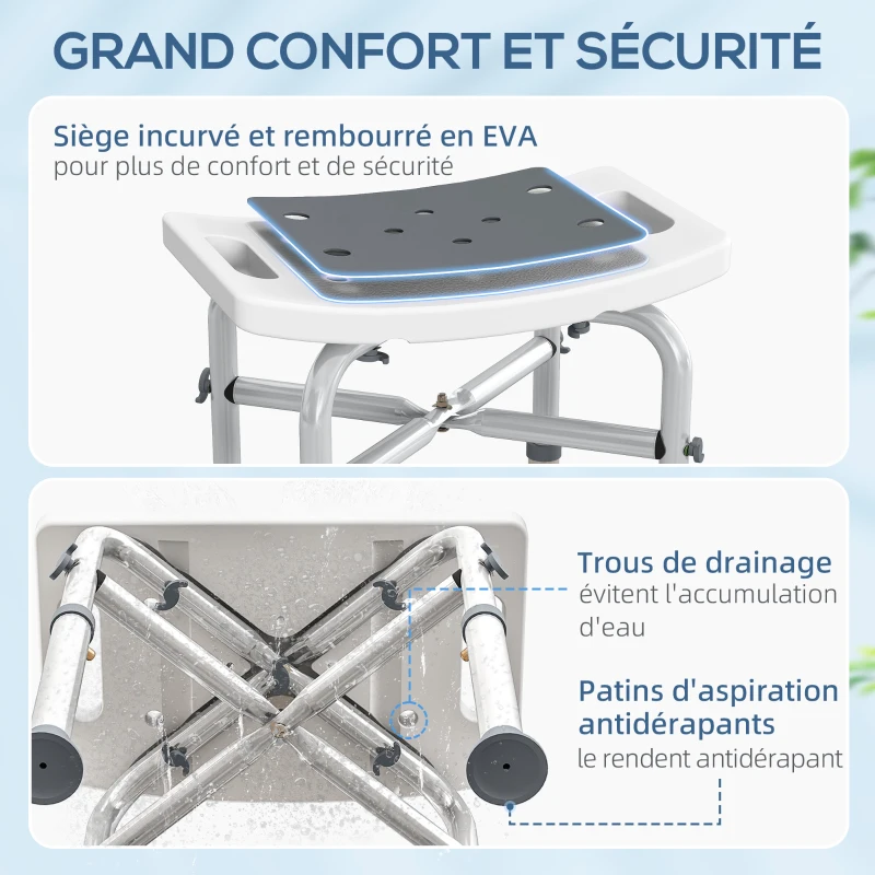 HOMCOM Tabouret de douche chaise de douche - assise rembourré et réglable, patins à ventouses antidérapants, en aluminium gris