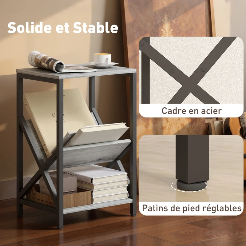 HOMCOM Table d'appoint étroite, bout de canapé rangement à 3 niveaux, porte-revues en V, cadre en acier, 40x30x61cm, gris foncé