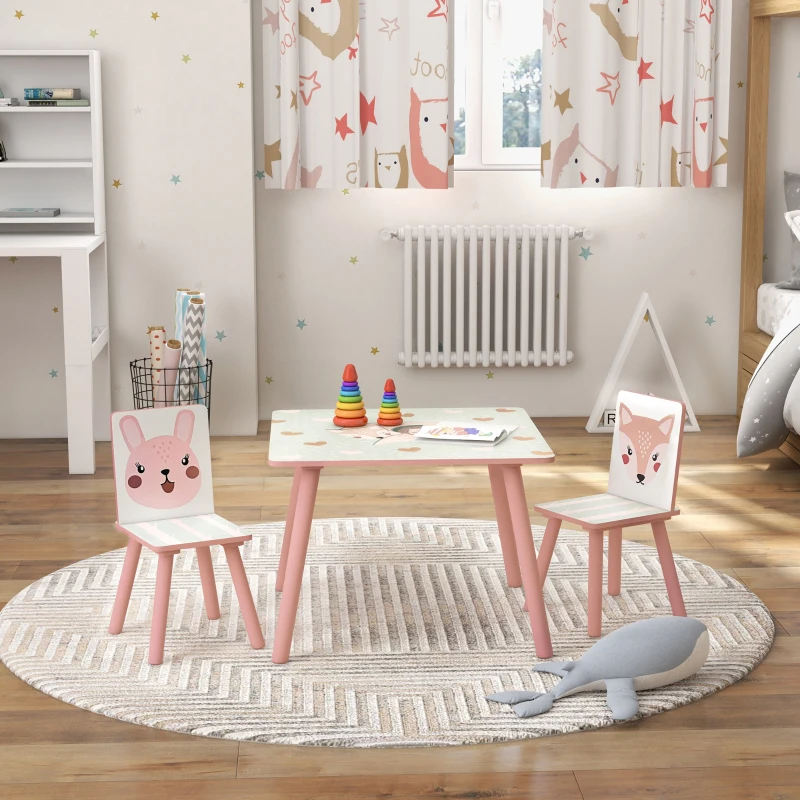 ZONEKIZ Ensemble table et chaises pour enfants, table pour enfant avec 2 chaises, motif animaux pour chambre à coucher rose