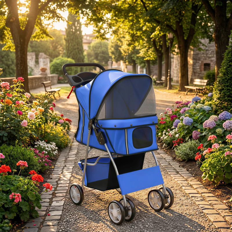 PawHut Carrinho Dobrável para Cães com Faixas Refletoras Rodas Giratórias Freios e Almofada Lavável Azul