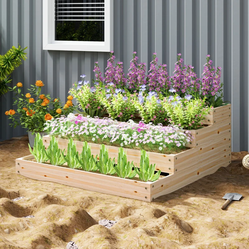 Outsunny Carré potager de jardin sans fond 4 étages pour herbes légumes fruits fleurs 113 x 113 x 46 cm bois naturel