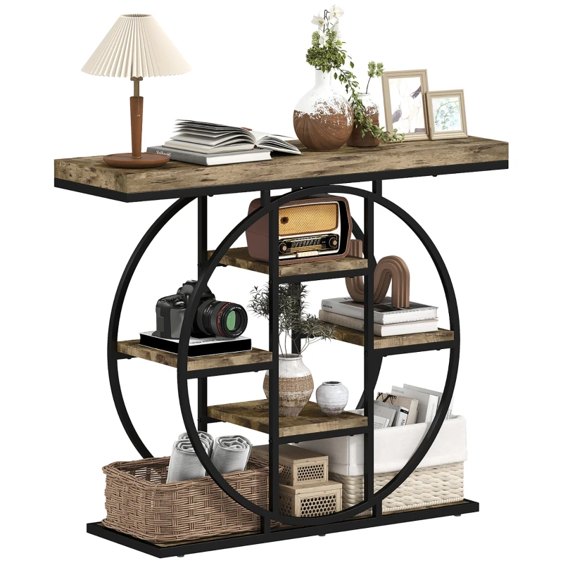 HOMCOM Industrial Console Table with Storage Shelves - Rustic Brown