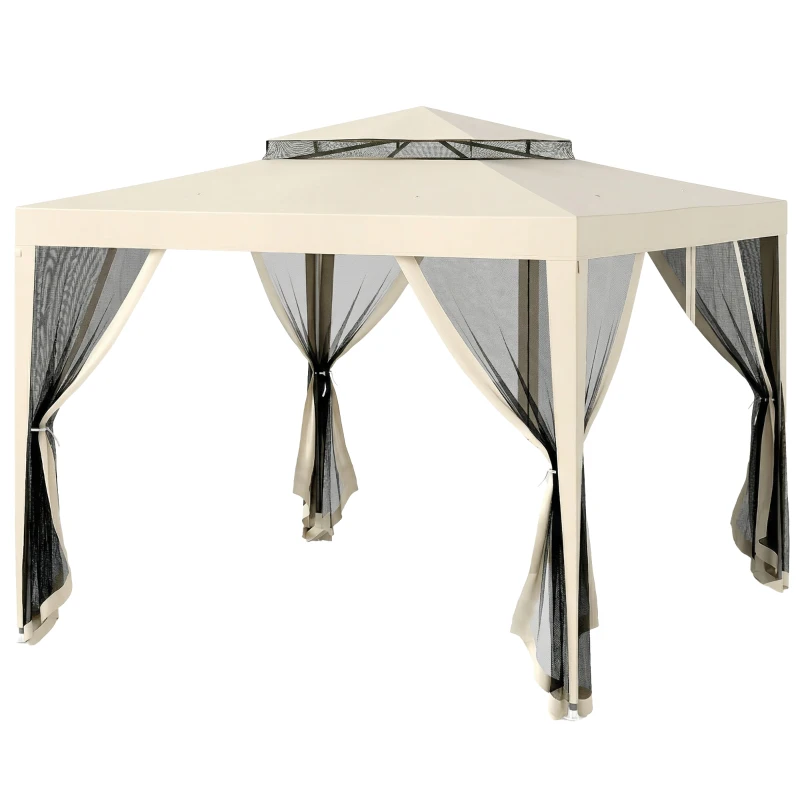 Outsunny Pérgola de Jardim 297x297x268 cm com Redes Mosquiteiras Laterais com Fecho de Correr Teto de Ventilação e 8 Orifícios de Drenagem Bege