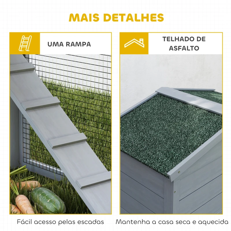 PawHut Coelheira de Madeira de 2 Níveis com Telhado Asfáltico Bandeja Removível e Escada para Exterior 150x45x85 cm Cinzento