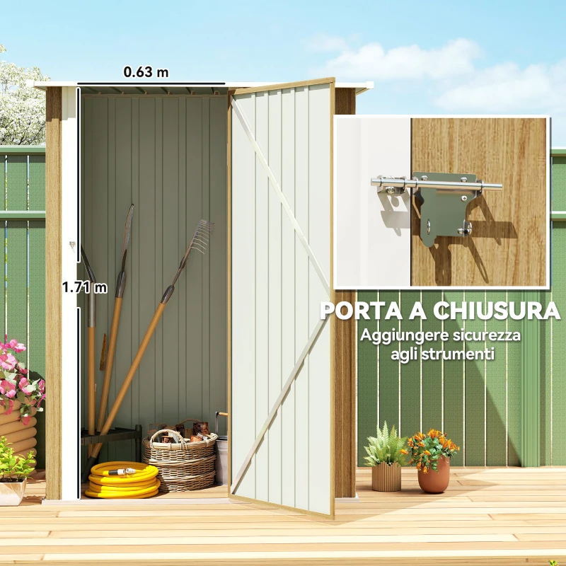 Outsunny Capanno Porta Attrezzi in Metallo con Tetto Inclinato e Porta Bloccabile, 142x86x189 cm, color Legno
