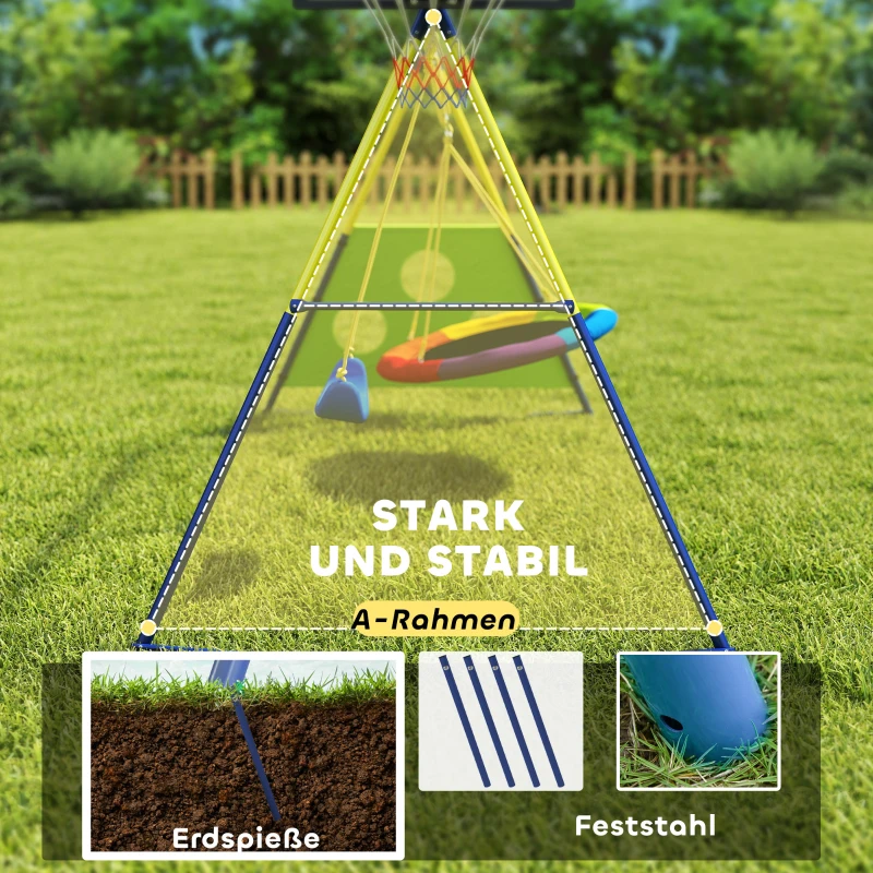 AIYAPLAY Schaukelgestell 4-in-1 Schaukel-Set bis 150 kg mit Nestschaukel Basketballkorb Fußballtor U-Schaukel 288 x 160 x 220 cm