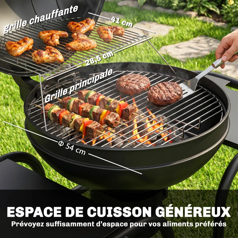 Outsunny Barbecue à charbon Rond avec couvercle Barbecue Rond Extérieur avec Thermomètre, 129 x 63,5 x 106,5 cm, Noir