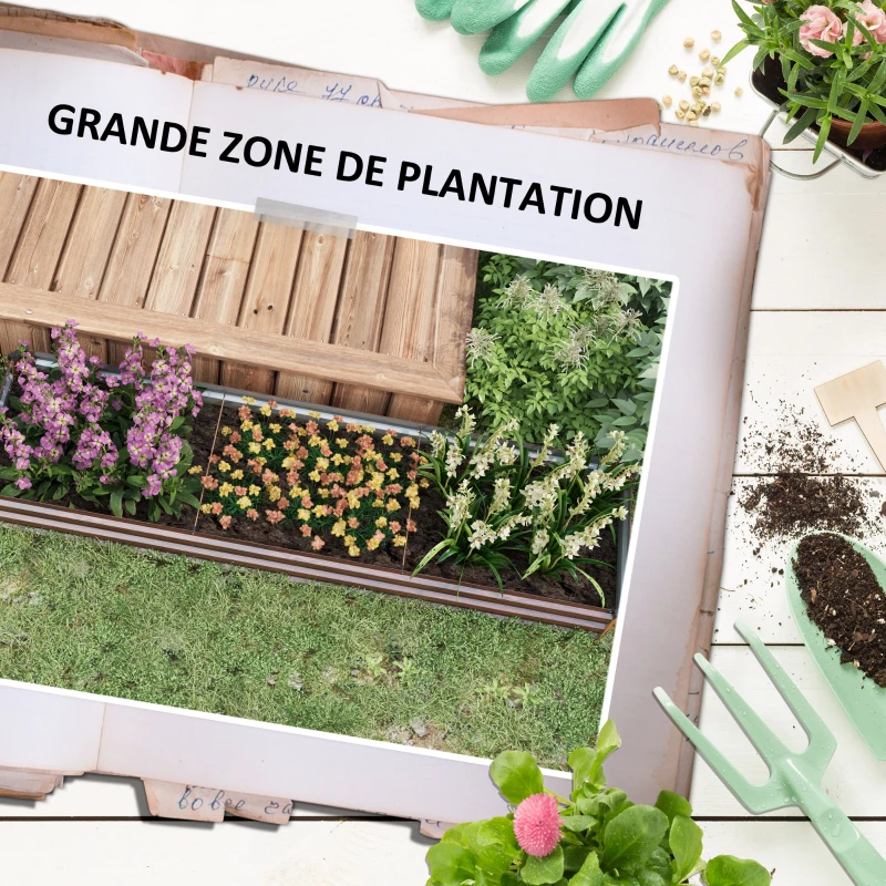 Outsunny Carré potager rectangulaire, lit de jardin surélevé en acier galvanisé, fond ouvert, 240 x 60 x 30 cm, brun foncé