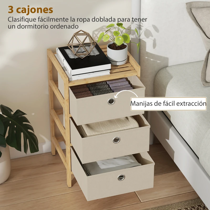 HOMCOM Cómoda con 3 Cajones de Tela Estructura de Bambú Cajonera para Espacios Pequeños Crema y Natural