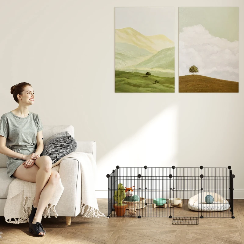 PawHut Cerca Metálica para Animais de 12 Painéis DIY Tapete Impermeável Parque para Porquinhos-da-Índia Ouriços 120x60x40 cm Preto