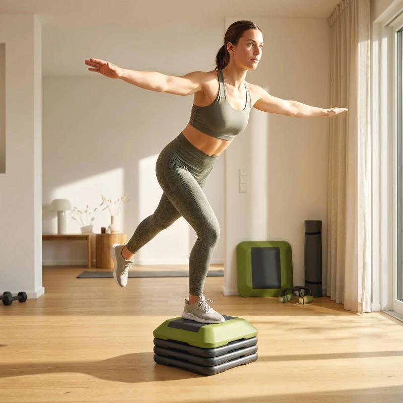 SPORTNOW Step Fitness Antiderrapante com Altura Ajustável de 10/15/20/25/30 cm Carga Máxima de 150 kg Verde