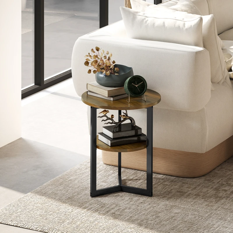 HOMCOM Table d'appoint ronde, bout de canapé industriel avec étagères de rangement et cadre en acier, Ø 40 x 48 cm, marron