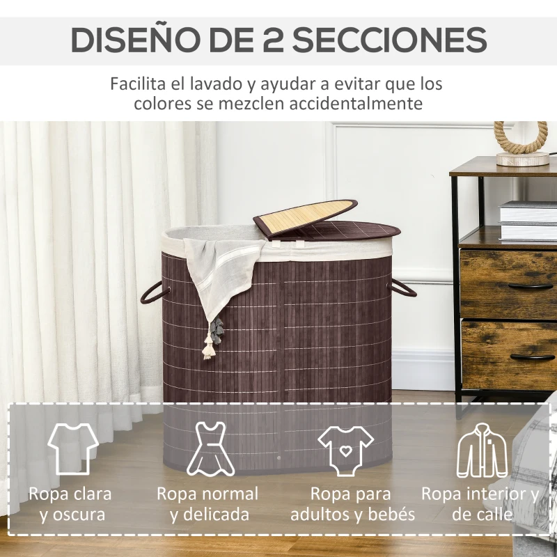 HOMCOM Cesto para Ropa Sucia de Bambú Capacidad de 100L Cesta para la Colada con 2 Compartimentos  62,5x37x60,5cm Marrón