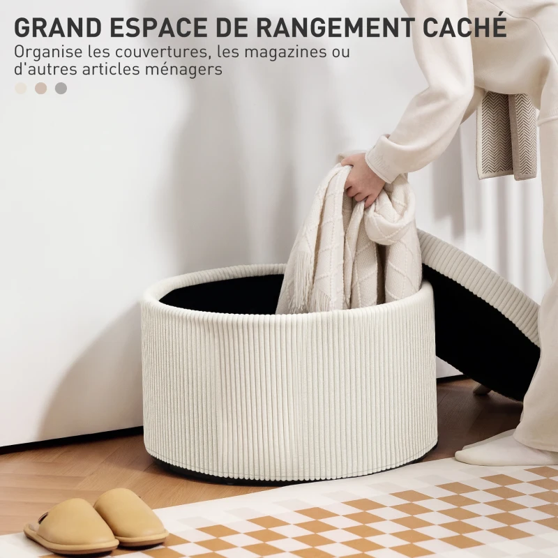 HOMCOM Pouf coffre rangement, tabouret rond, pouf repose-pieds en velours côtelé, charge 120 Kg, Ø 60 x 41 cm, beige