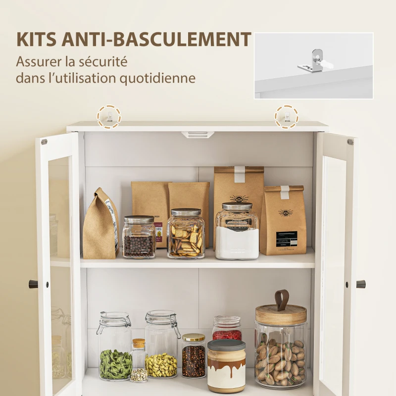 HOMCOM Buffet haut cuisine, armoire de cuisine avec portes vitrées, tiroirs et étagères réglables, 59x30x170cm, blanc brillant(m-6)