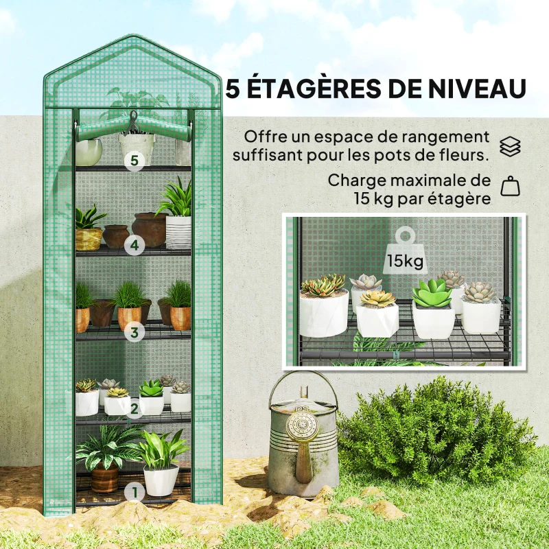 Outsunny Serre de jardin balcon étagère serre 5 niveaux 0,69 x 0,49 x 1,93 m acier bâche amovible PE vert