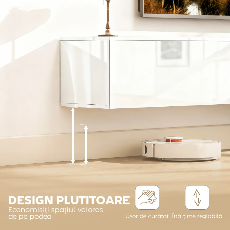 HOMCOM Dulap TV Suspendat 180 cm pentru TV până la 75 Inch, Dulap Modern pentru Living cu Uși cu Deschidere prin Apăsare și Orificii pentru Cabluri, Consolă Multimedia Montată pe Perete, Alb Lucios