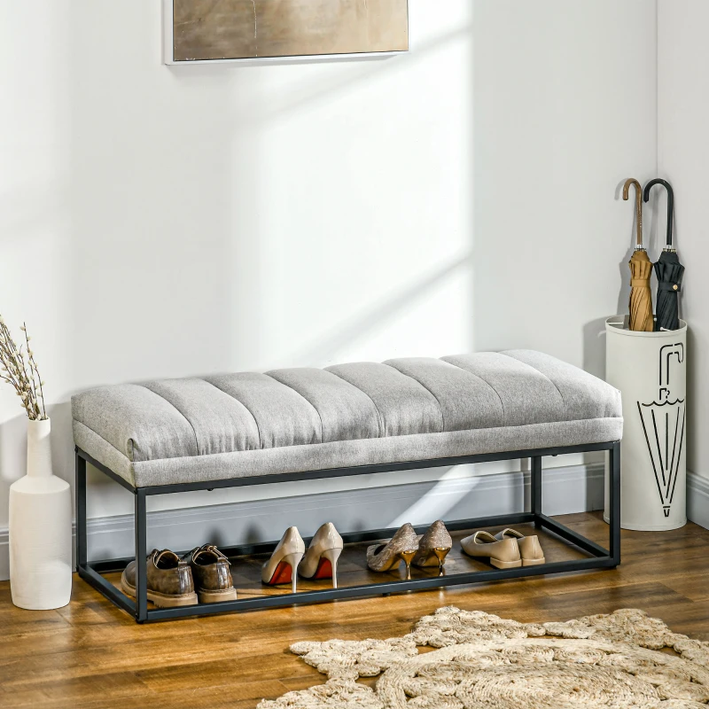 HOMCOM Banc design moderne, assise rembourrée en tissu aspect lin gris et structure en métal noir, charge 200 Kg, 120x44x45,5cm
