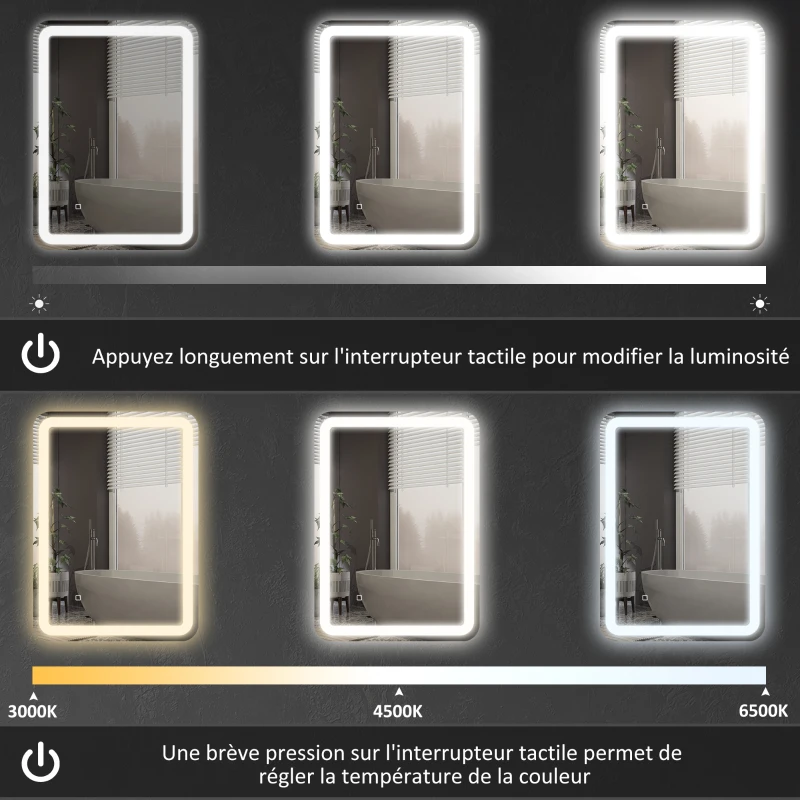 HOMCOM Miroir de salle de bain 60 x 80 cm, miroir LED mural avec 3 couleurs lumière, dimmable, mémoire, anti-buée, argent