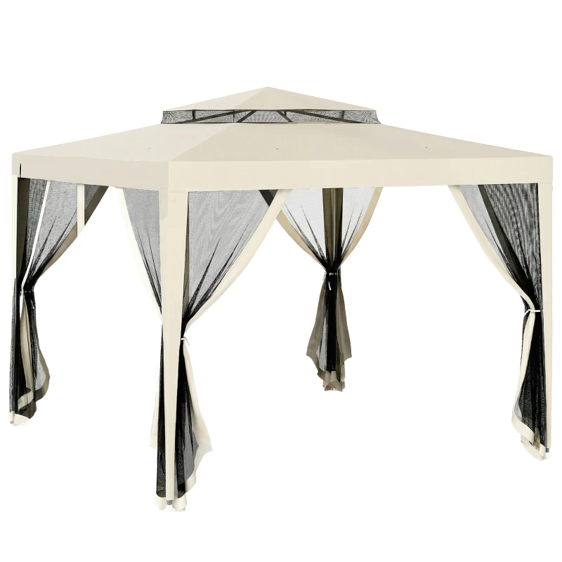 Outsunny Carpa de Jardín 3x3 m Cenador Gazebo con 4 Mosquiteras Laterales Techo Doble 8 Orificios de Drenaje Marco de Metal Beige