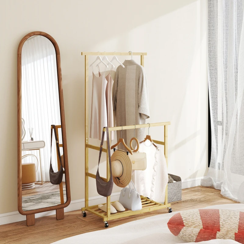 HOMCOM Portant à vêtements à roulettes, porte-manteau double barre en bambou avec étagère inférieure, 80x40x160cm, bois naturel