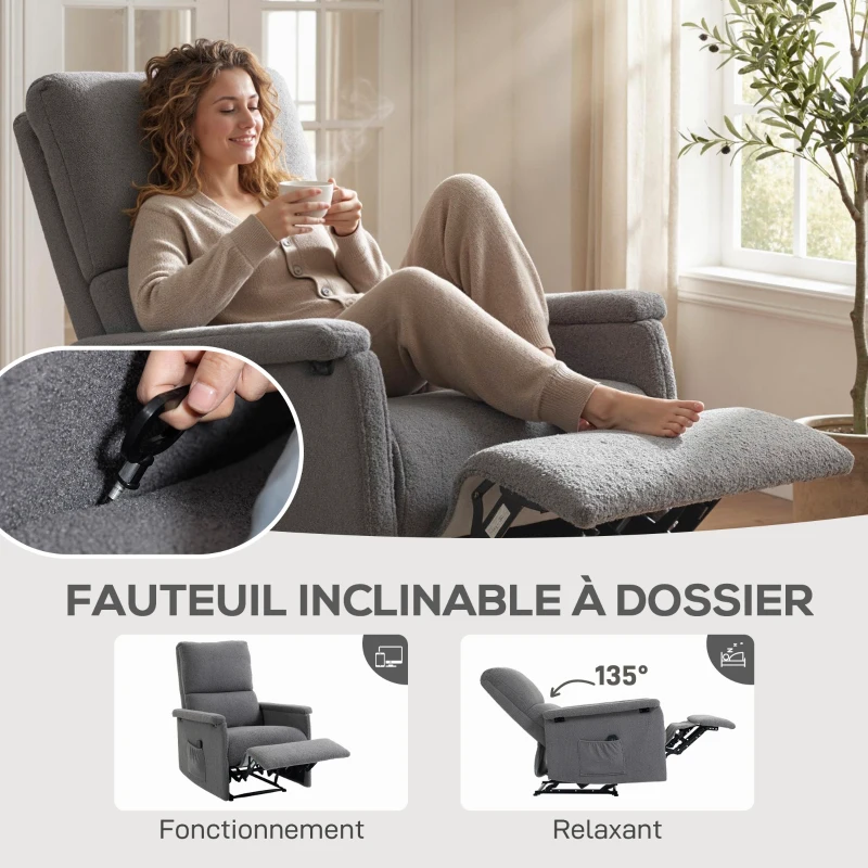HOMCOM Fauteuil de massage inclinable, fauteuil de relaxation, dossier réglable, large assise, repose-pied, 69x84x99cm, gris
