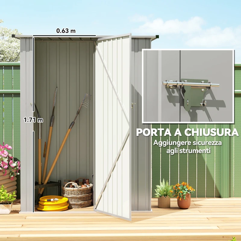 Outsunny Capanno Porta Attrezzi in Metallo con Tetto Inclinato e Porta Bloccabile, 142x86x189 cm, Argento