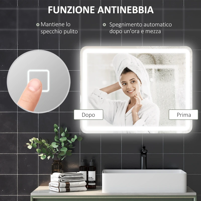 HOMCOM Specchio Bagno LED Touch con Luce Dimmerabile, a 3 Temperature e Antiappannamento, 70x90 cm