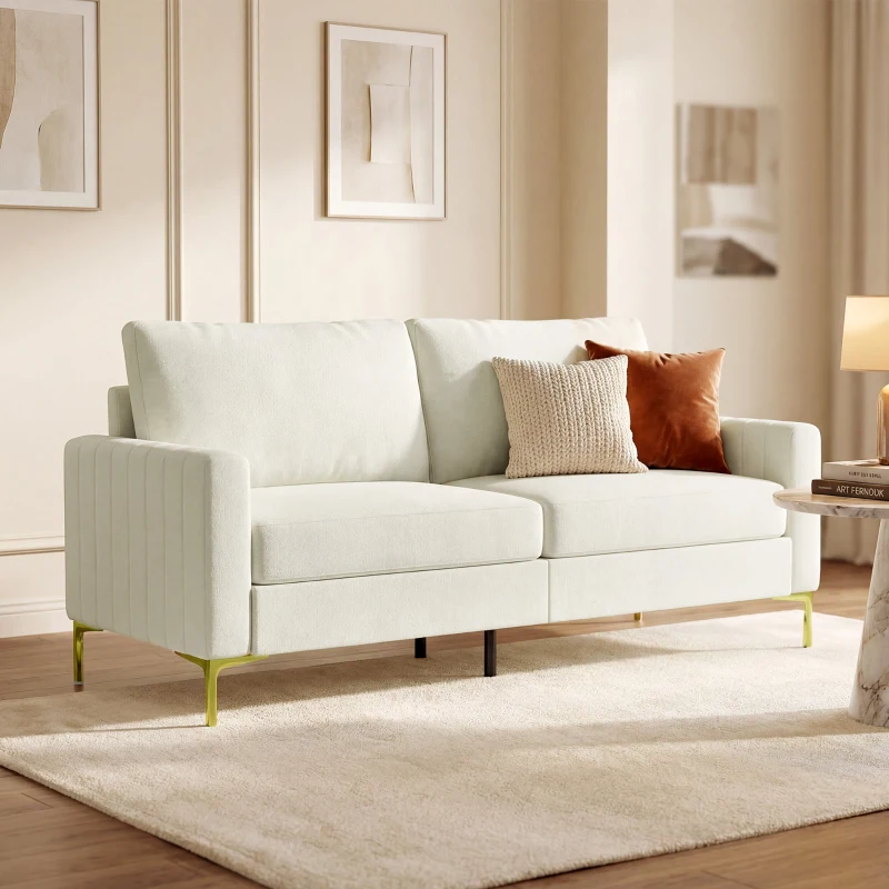 HOMCOM Sofá de 3 Lugares de 181 cm Estofado em Veludo com Almofadas Espessas Pernas de Metal Branco Creme