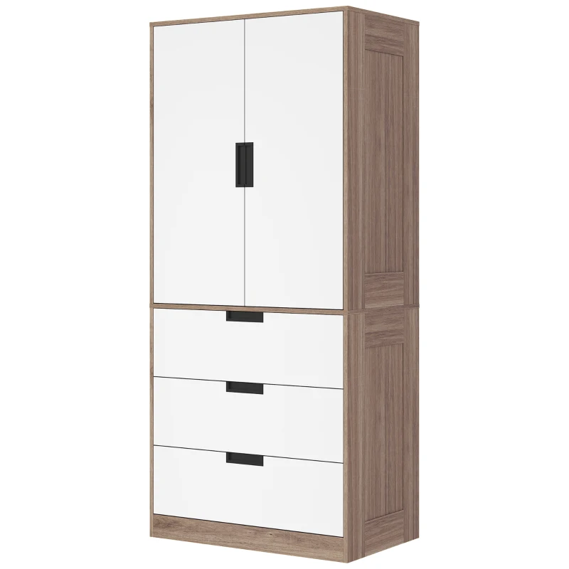 HOMCOM Armoire 2 portes, armoire moderne avec 3 tiroirs et tringle de suspension pour chambre à coucher, marron