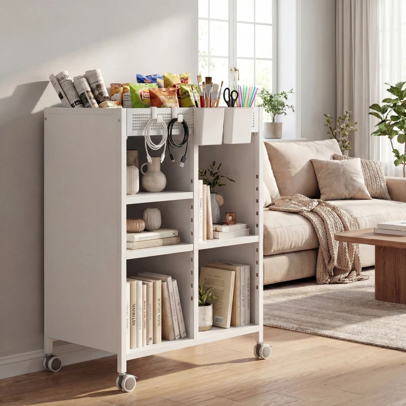 HOMCOM Bücherregal auf Rollen, 4-stufig, verstellbare Regalböden & Hängekörbe für Home Office und Wohnzimmer, Weiß