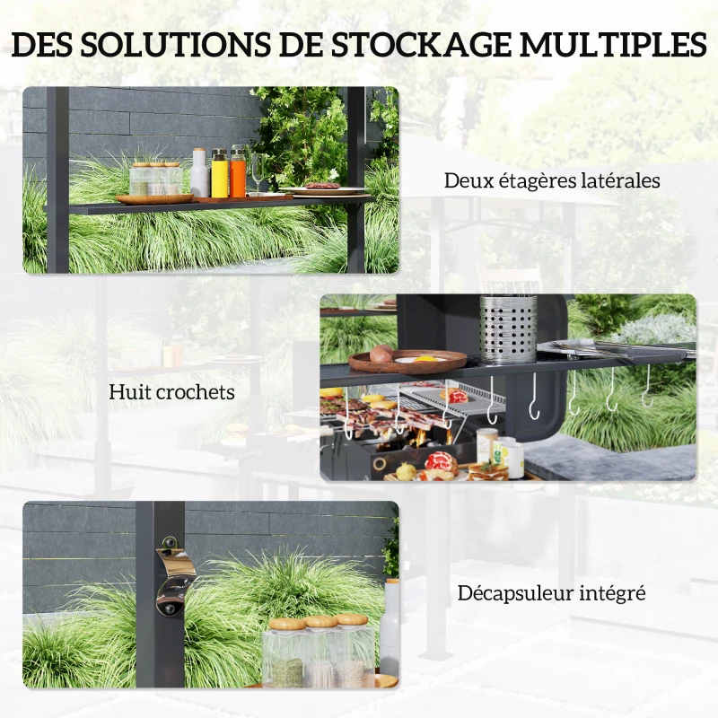 Outsunny Tonnelle de barbecue à deux niveaux auvent de réception pour jardin avec lumière LED 240 x 150 x 250 cm kaki