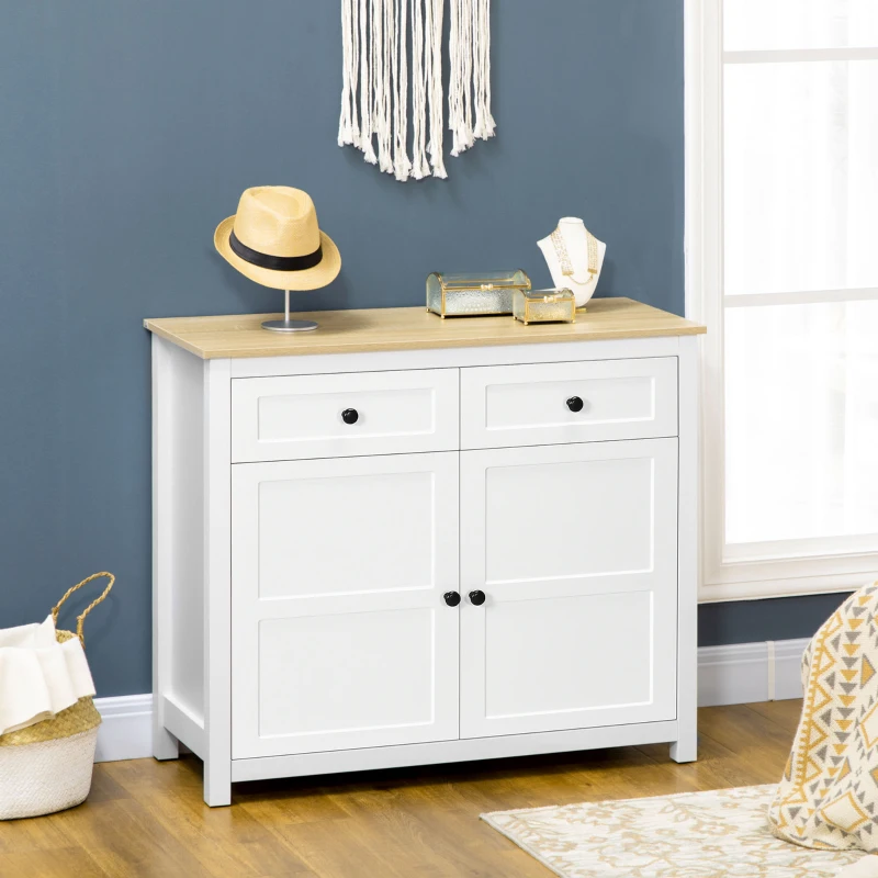 HOMCOM Commode meuble de rangement 2 portes avec étagère réglable en hauteur 2 tiroirs 100 x 40 x 85 cm blanc et aspect bois
