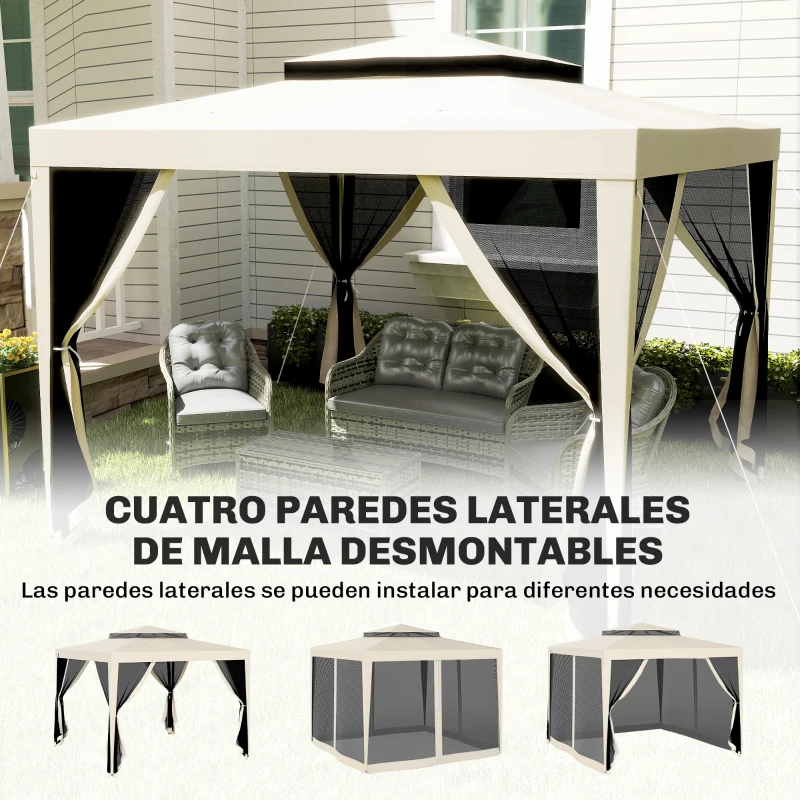 Outsunny Carpa de Jardín 3x3 m Cenador Gazebo con 4 Mosquiteras Laterales Techo Doble 8 Orificios de Drenaje Marco de Metal Beige