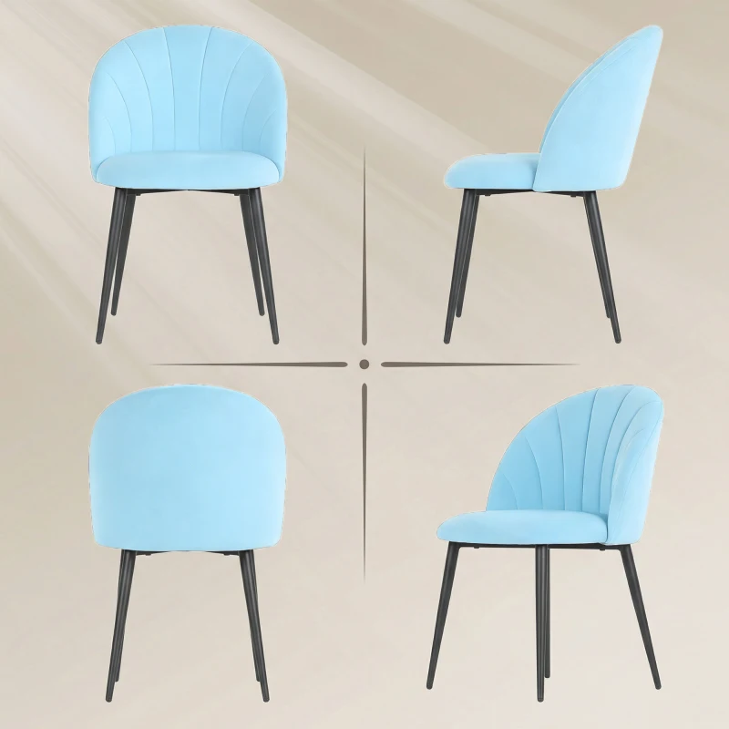 HOMCOM Set de 2 Scaune de Sufragerie din Catifea, Scaune Bucătărie cu Spătar Curbat în Formă de Scoică, Picioare din Oțel, Stil Nordic, Scaun Tapițat pentru Bucătărie, Dormitor, Living, Albastru Deschis