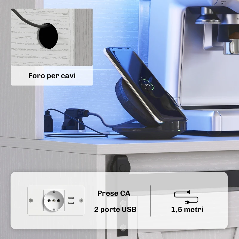 HOMCOM Credenza Cucina con Prese Elettriche, Luce LED, Portabottiglie e Ante Scorrevoli, 100x38x180 cm, Bianco